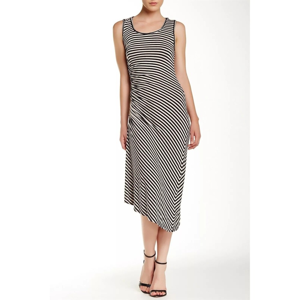 Max Studio L Black Cream Striped Ruched Asymmetrical Bodycon Midi Dress Edgy‎